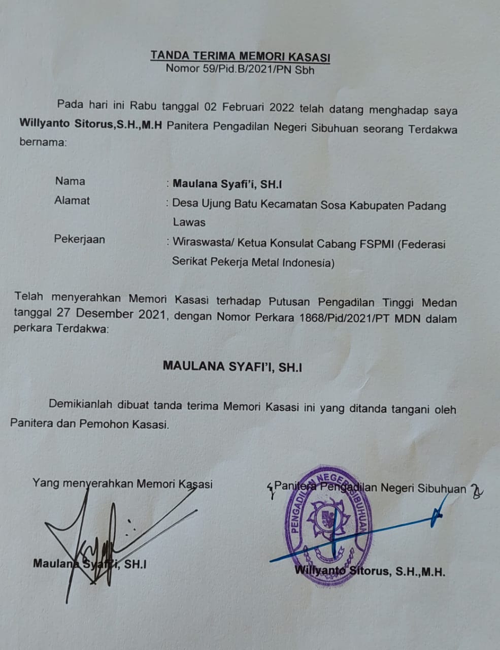 Kasus Dugaan Kriminalisasi Aktifis Buruh FSPMI Padang Lawas Bergulir ke MA