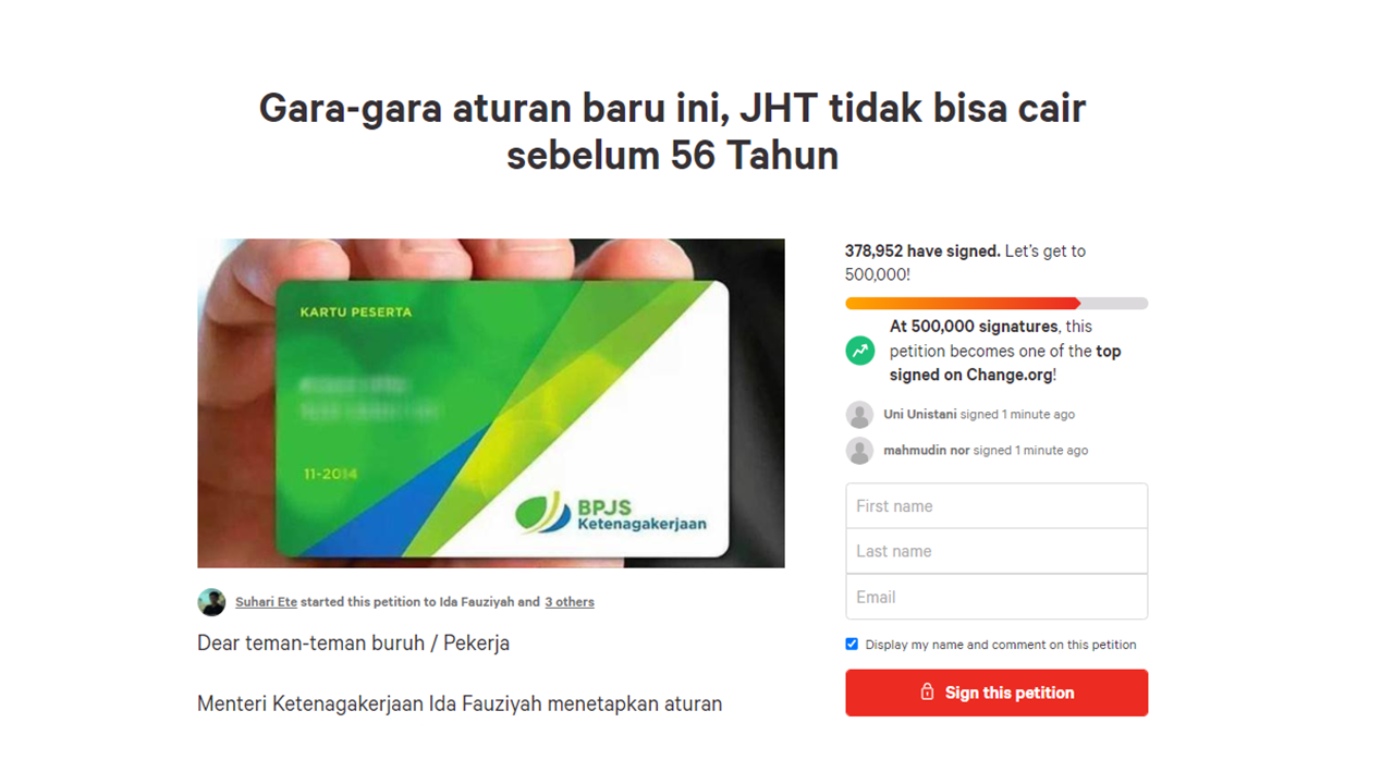 Halo Pak Jokowi, 378935 Orang Sudah Teken Petisi Tolak JHT Cair di Usia 56 Tahun