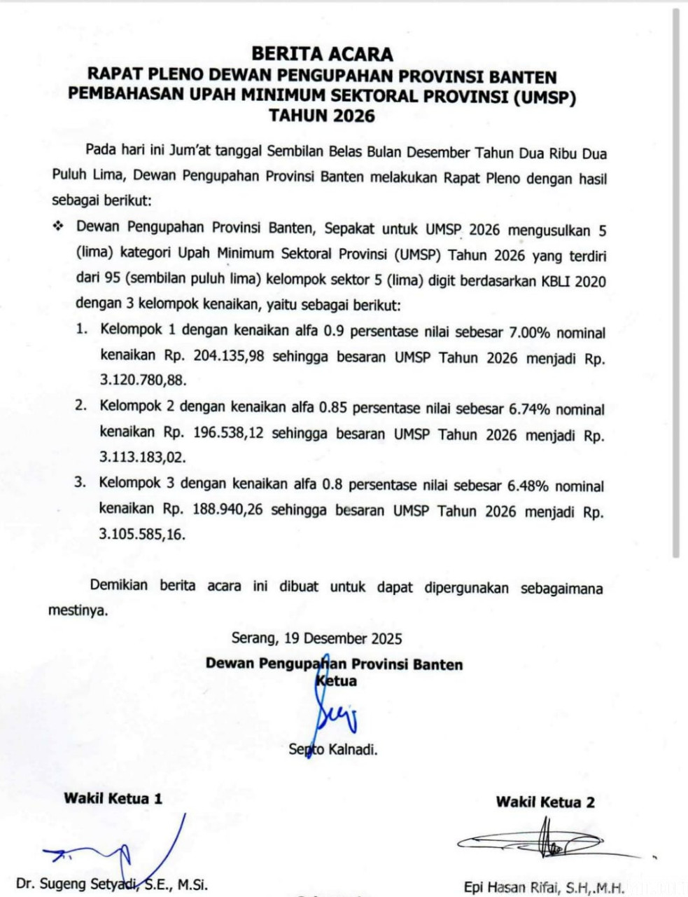 Berikut Hasil Pleno Depeprov Banten Terkait Rekomendasi Besaran UMSP Tahun 2026