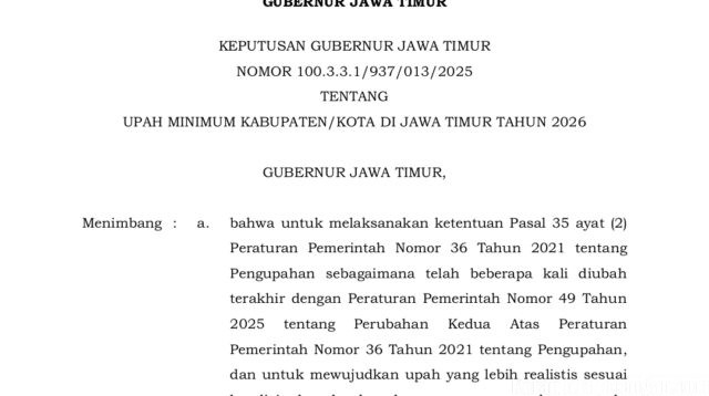 Akhirnya Gubernur Jawa Timur Tetapkan UMK 2026, Surabaya Tertinggi dan Kabupaten Situbondo Terendah