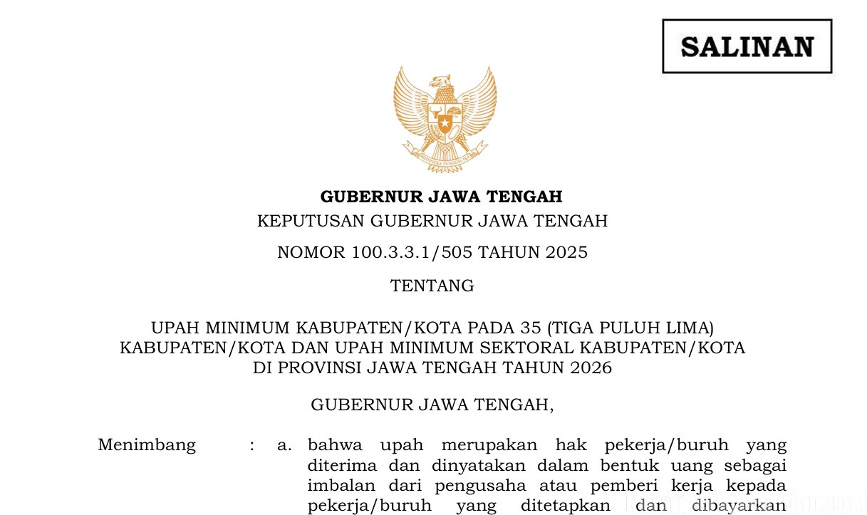 UMK Kota Semarang 2026 Ditetapkan Rp3,7 Juta, Buruh Apresiasi Komitmen Wali Kota namun Soroti UMSK