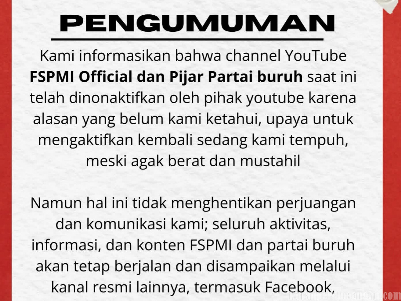 Ketika Media FSPMI dan Pijar Official Dibungkam, Perjuangan Rakyat Pekerja Diuji