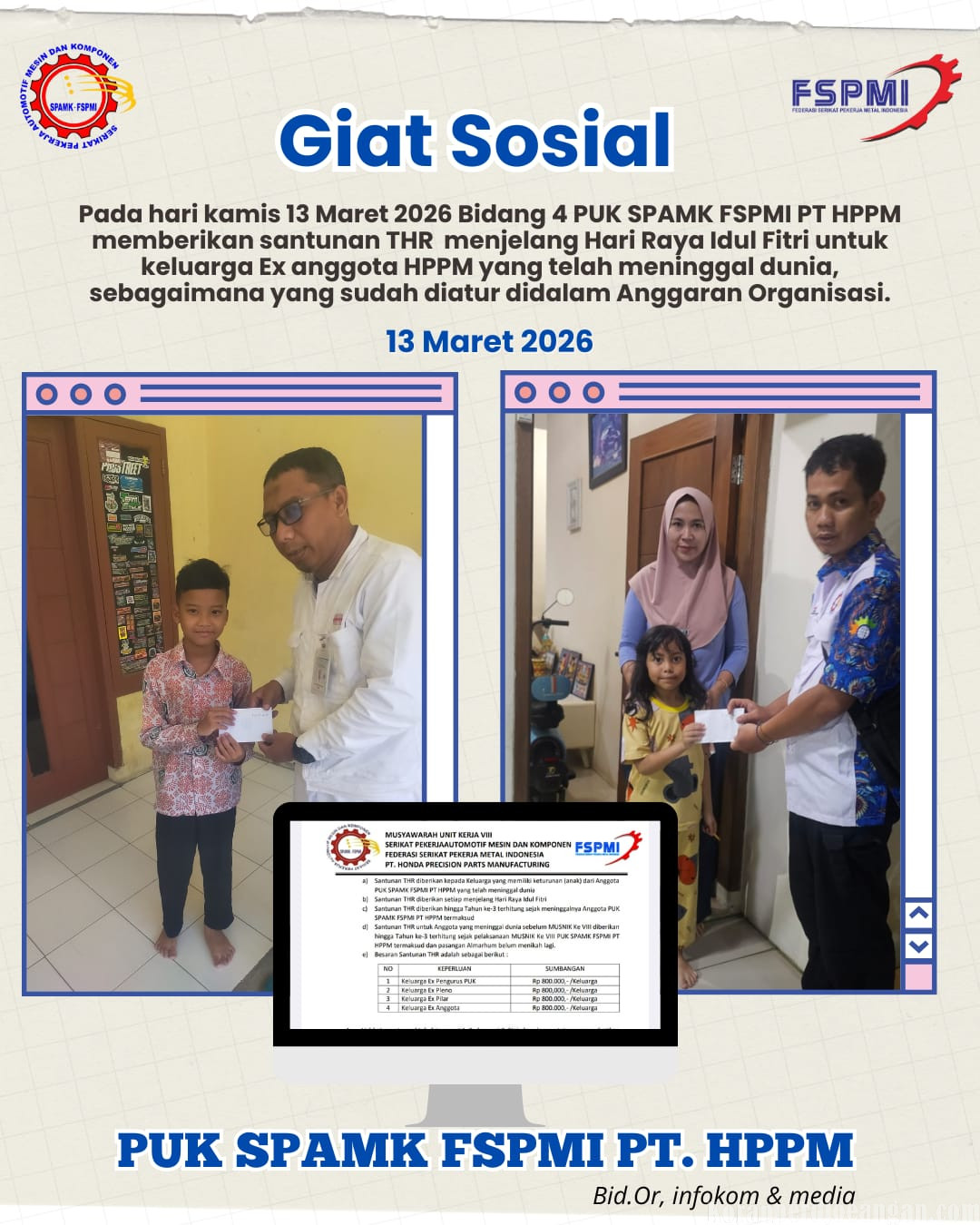 Wujud Kepedulian Serikat, PUK SPAMK FSPMI PT HPPM Salurkan Santunan ke Keluarga Almarhum Anggota