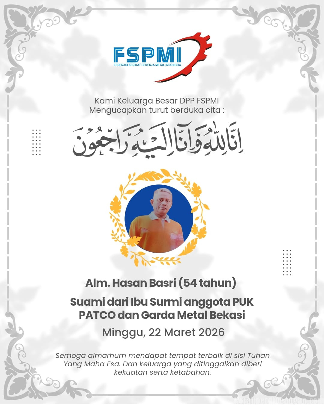 Kabar Duka: Pejuang Buruh Bekasi Berpulang, Presiden FSPMI Sampaikan Belasungkawa Mendalam