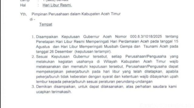 Disnaker Aceh Timur Tegaskan Perusahaan Wajib Patuhi Hari Libur Resmi, Pekerja yang Masuk Berhak atas Upah Lembur