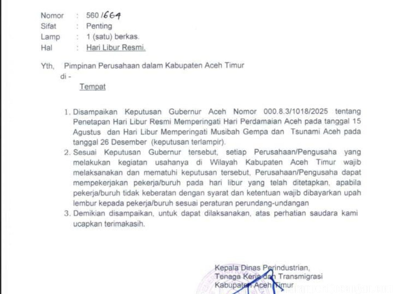 Disnaker Aceh Timur Tegaskan Perusahaan Wajib Patuhi Hari Libur Resmi, Pekerja yang Masuk Berhak atas Upah Lembur