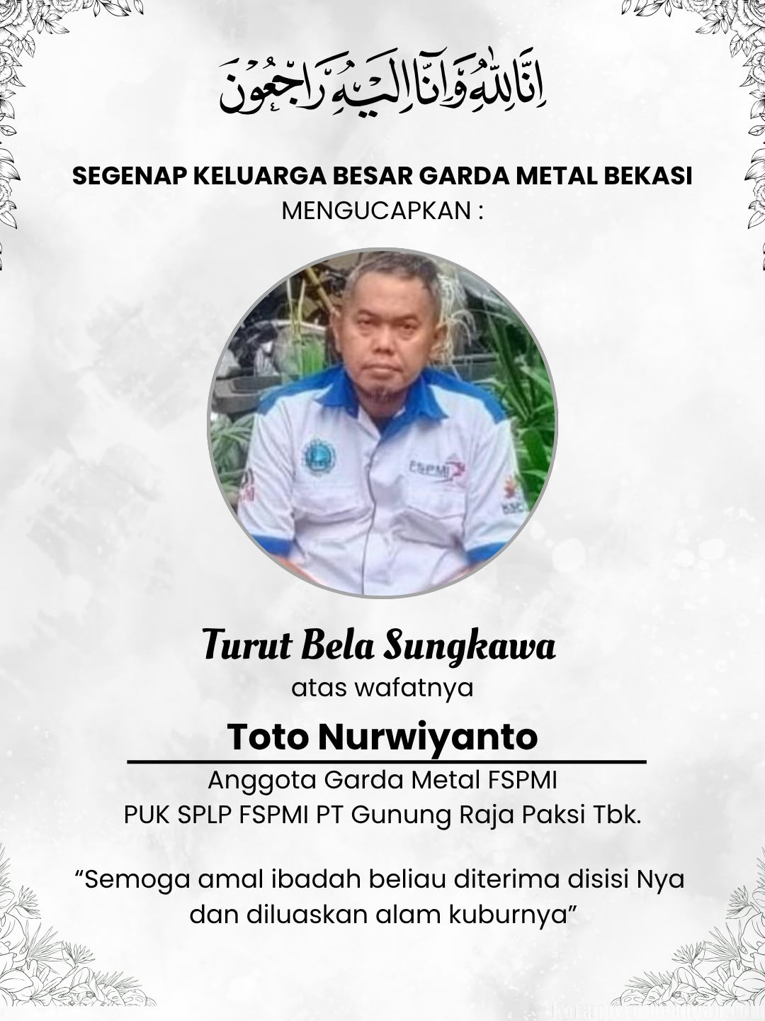 FSPMI Bekasi Berduka, Anggota Garda Metal Toto Nurwiyanto Meninggal Dunia