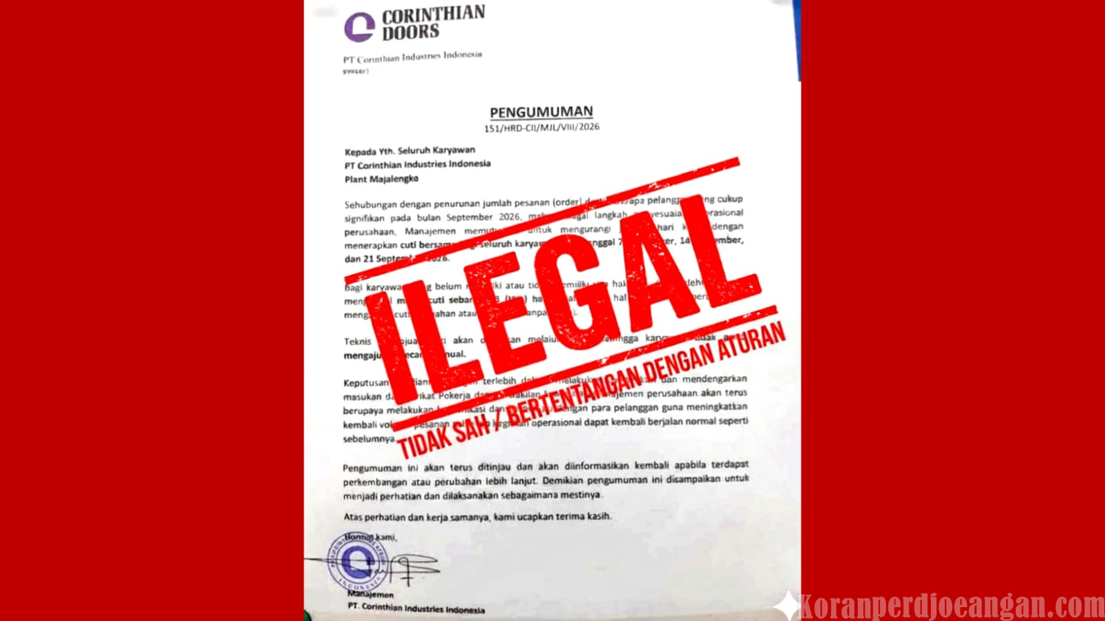 Keputusan Manajemen Meliburkan Pekerja Dengan Alasan Turun Order Mendapat Penolakan Dari Serikat Pekerja di PT Corinthian Industries Indonesia