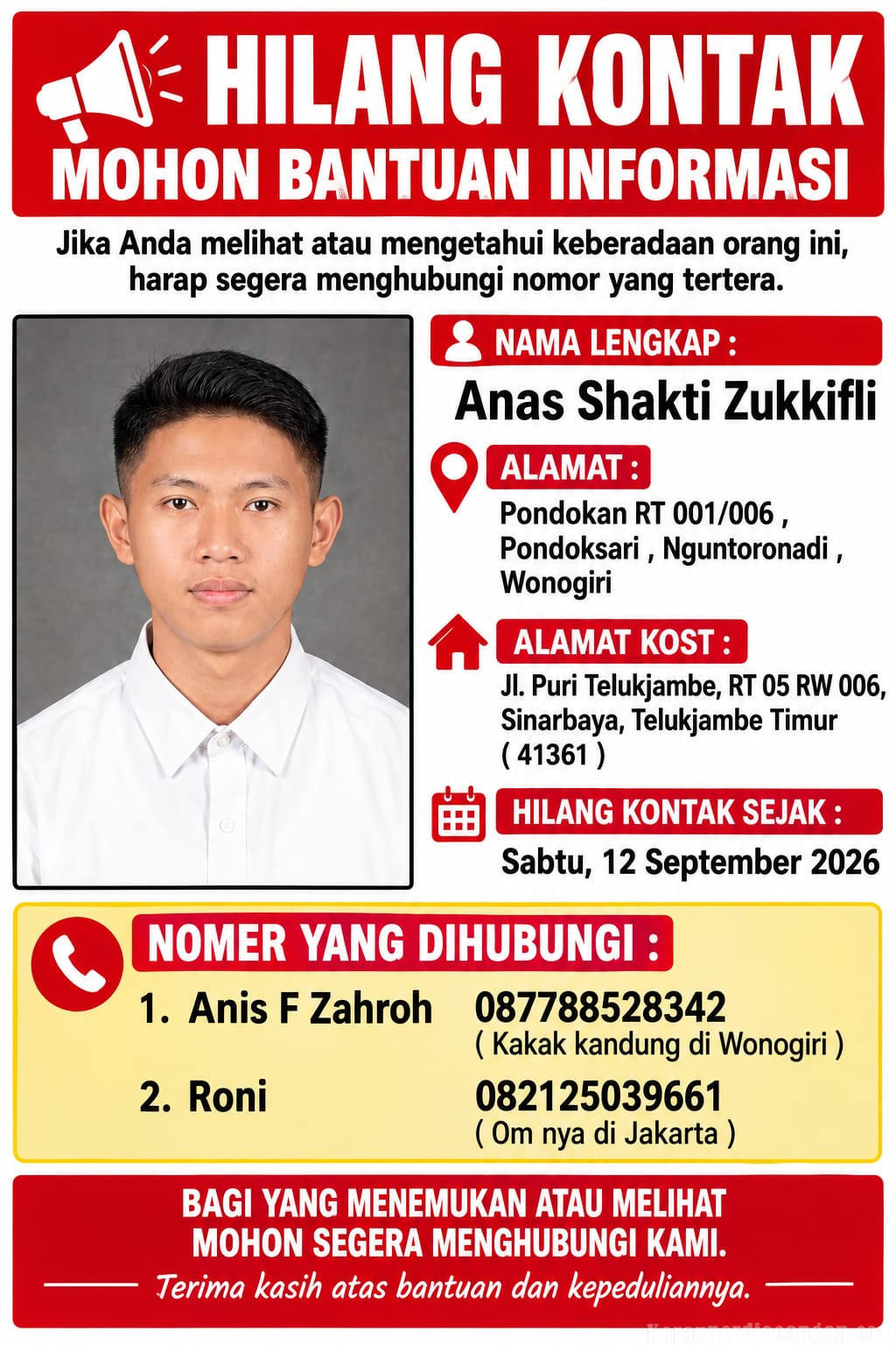 Anas Shakti Zukkifli Hilang Kontak Sejak 12 September 2026, Keluarga Mohon Bantuan Masyarakat